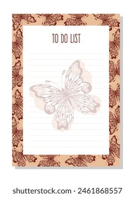 Planner, to do list with hand drawn butterfly in zentangle style and chocolate colors.