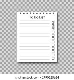 Planner and to do list on transparent background. Realistic white paper with checkmark