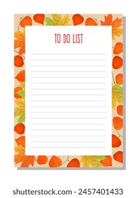 Planner, to do list, organizer with autumn physalis branches and maple leaves.