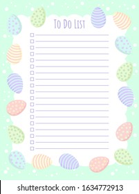 Planner to do list template with Easter eggs in pastel colors. Printable stationary mockup with cute Ostara colored eggs for agenda, planners, check lists, stationery
