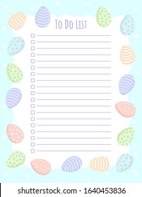 Planner to do list template with Easter eggs in pastel colors. Printable stationary mockup with cute Ostara colored eggs for agenda, planners, check lists, stationery