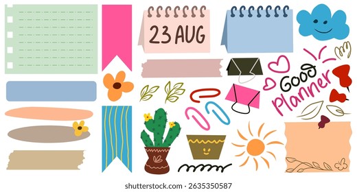 Planner element set for notebook, journaling and sticker to decorate the diary. School and office stuff illustration design.