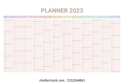 Planner English calendar of 2023 year, template schedule calender with 12 vertical months on one page. Wall organizer, yearly planner template. Vector illustration svg