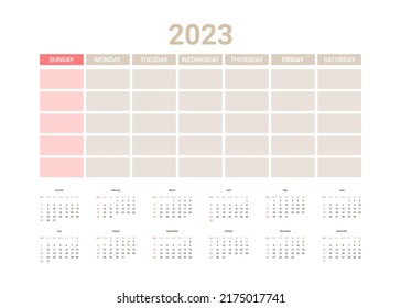 Planner English calendar of 2023 year, template daily schedule calender on one page. Weekly organizer, yearly planner template. Vector illustration