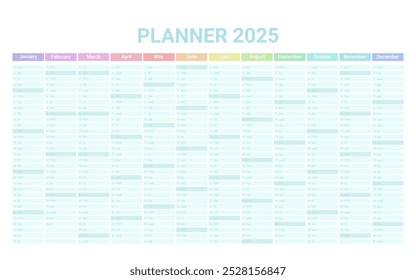 Planner Calendário Inglês de 2025 ano, calendário de programação modelo com 12 meses verticais em uma página. Organizador de parede, modelo de planejador anual. Ilustração vetorial