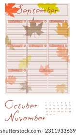 The planner - fall, autumn, the page is divided into days of the week, you can insert the desired date and the desired month. Vector graphics