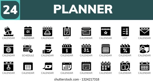 planner icon set. 24 filled planner icons.  Simple modern icons about  - Calendar, List, Schedule