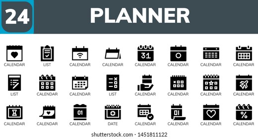 planner icon set. 24 filled planner icons.  Collection Of - Calendar, List, Date