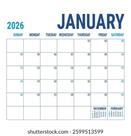 Planner January 2026 year. English calendar template. Vector square grid. Office business planning. Creative trendy design. Blue color
