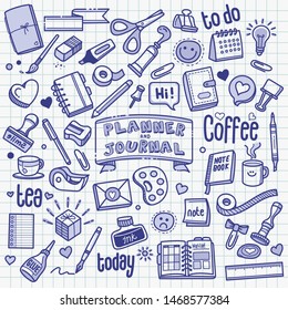 Planner and Journal related object and element collection. Hand drawn vector doodle illustration in blue ballpoint sketch style.