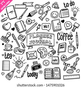 Planner and Journal related object and element collection. Hand drawn doodle illustration isolated on white background. Vector doodle illustration with editable stroke/outline.