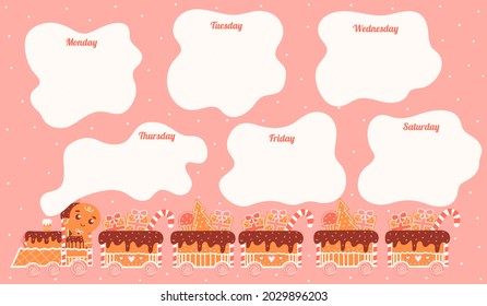 Planner for kids with colourful gingerbread train, school timetable for children in cartoon style on light pink background for winter season