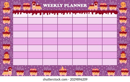 Planner for kids with colourful gingerbread train and characters, chocolate icing, printable christmas timetable for diary or poster, winter holidays template for notebooks in childish style
