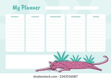 Planner with Leopard Animal in Tropical Foliage Vector Template