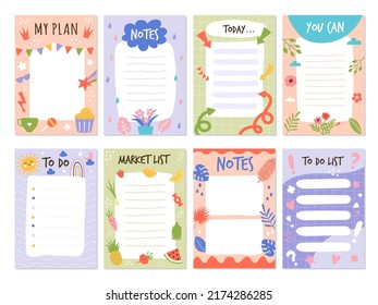 Planner list. To do organized checklist template with place for text educational month stickers schedule elements recent vector collection set