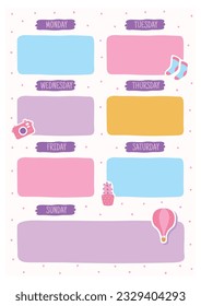 Planner list. Weekly blank reminder page, school timetable, organizer printable template. Girly cute stationery. Frame for text, Monday Tuesday and Wednesday. Cartoon isolated illustration