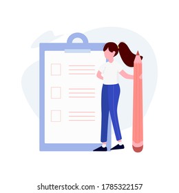 A Planner make a checklist to set a goals for her company vision. Vector illustration with minimalism style