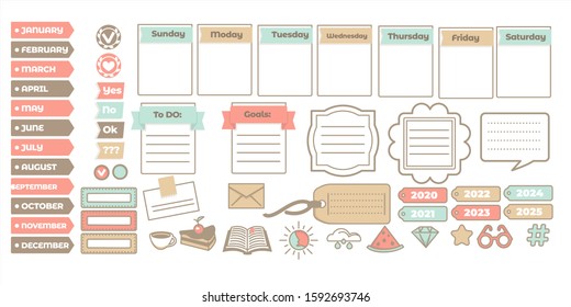 Planner monthly, week and day, calendar and stickers for scrapbooking isolated icons vector. Weekly planner and to do or check list, stationery items. Tag and weather, watermelon and coffee cup