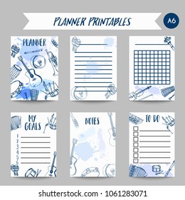 Planner with Music Instruments organizer design. Hand drawn drum, piaono, violin, guitar and saxophone on paint splashes. To do list journal notes for school