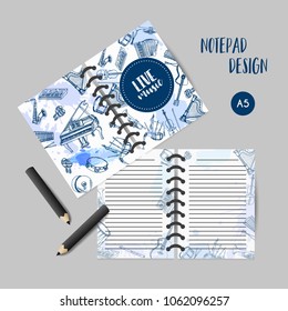 Planner with Music Instruments organizer design. Hand drawn drum, piaono, violin, guitar and saxophone on paint splashes. To do list journal notes for school