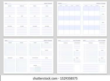 Plantillas de páginas de notas del planificador. Planificadores anuales, mensuales y semanales. Plantilla de tareas, objetivos y citas diarias, para hacer planificación de listas o calendario de administración. Conjunto vectorial aislado de papel de nopete