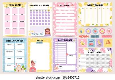 Planner notebook. Decorated daily, monthly and weekly plan template. To do list, schedule and habit tracker. Organizer note pages vector set. Colorful routine timetable for self management