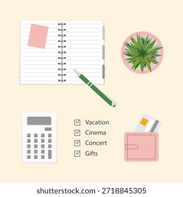 Planificador con cuaderno, pluma, calculadora, cartera y cactus en maceta sobre fondo claro
