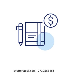 Cuaderno del planificador, lápiz y dólar. Costo de planificación presupuestaria, pago de la organización financiera, herramienta de seguimiento de gastos. Icono de Vector de trazo perfecto y editable