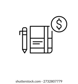 Cuaderno del planificador, lápiz y dólar. Costo de planificación presupuestaria, pago de la organización financiera, herramienta de seguimiento de gastos. Icono de Vector de trazo perfecto y editable