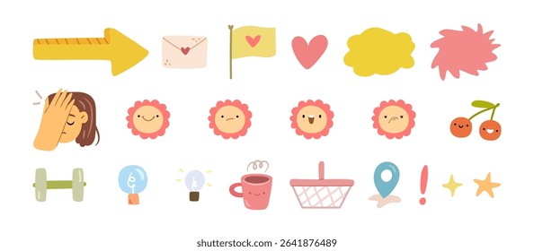Planner or notebook stickers and labels. Vector in flat style, isolated set of scrapbook collection of marks. Flower character and thought bubble, gym and shopping, location and bulb symbol of idea