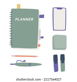 Planner with notes, phone, stickers, markers, pencil, pen. Time planning concept. goal setting. necessary items. Vector illustration isolated on white background.
