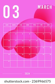 Planner en marzo de 2024 página vertical de diseño de línea líquida gradiente 3d. Las semanas comienzan el domingo. Plan de calendario de la impresión de forma de espiral colorida. Ilustración del vector