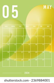 Planner on May 2024 year vertical page of 3d gradient liquid line design. Weeks starts on Sunday. Calendar plan of Colorful twisted shape print. Vector illustration