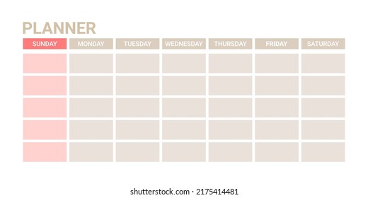 Planner on week, template daily schedule on one page. Weekly English organizer, planner template. Vector illustration