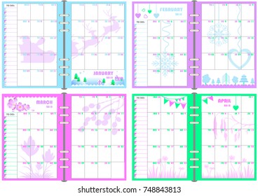 Planner, organizer, calendar
 2018. Vector. January, February, March, April