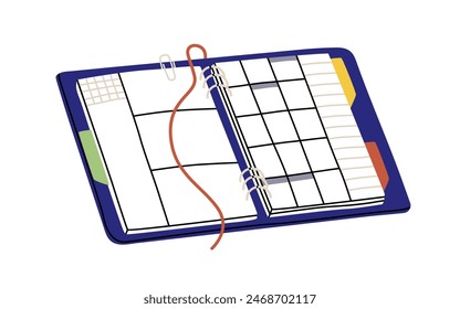 Planner, organizer with calendar. Open notebook for scheduling, planning. Diary with daily agenda. Journal for time management, appointments. Flat vector illustration isolated on white background