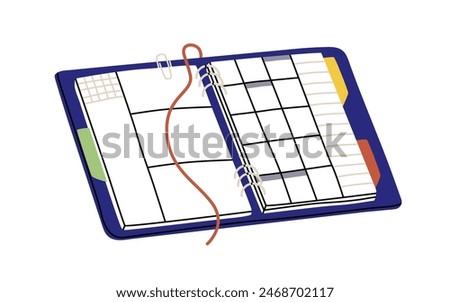 Planner, organizer with calendar. Open notebook for scheduling, planning. Diary with daily agenda. Journal for time management, appointments. Flat vector illustration isolated on white background