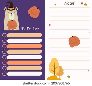 Planner organizer with a cute bear in a hat with a pumpkin for Halloween on a background with an autumn landscape and leaves. A set of vertical templates - To-do list and notes. Vector illustration