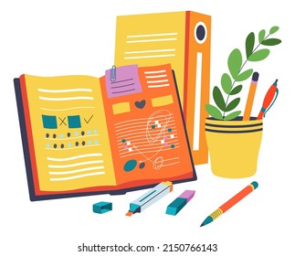 Planner or organizer for personal life and routine, isolated office or school supplies for writing down notes. Calendar page and pencil, pen and decorative foliage in vase. Vector in flat style