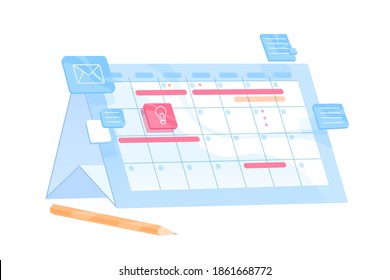 Planer oder Veranstalter mit Terminen und Terminen. Geschäftsplanungskalender mit Tagungsfahrplan. Zeitmanagement-Konzept. Flache Vektorgrafik einzeln auf weißem Hintergrund