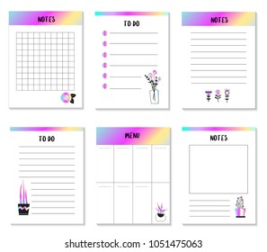 Planner. Organizer and Scheduler set with Notes list, stickers, tags. Garden, flowers, foil