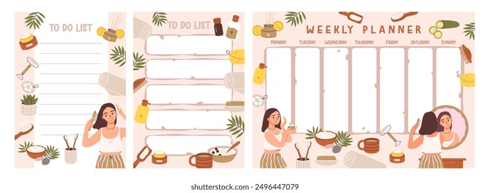 Planner and organizer for a woman’s self-care routine. Women leisure time. Organic food and cosmetics. Vector illustration wellness, motivation, and feminine lifestyle.