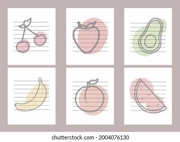 Planner with original fruit design. Weight loss planner, meal planner, day planner. Banana, cherry, strawberry, peach, avocado, watermelon illustration.