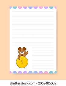 Planner page and to do list with cute dog. Cartoon vector illustration.