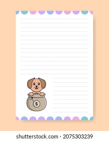 Planner page and to do list with cute dog. Cartoon vector illustration.