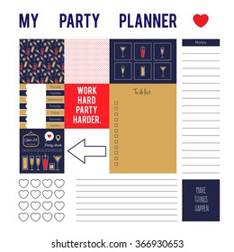 Planner page for party with stickers,printable files. Vector printable boxes,half boxes,motivation quotes, in flat colors for planners, Printable to do pages for life planner.