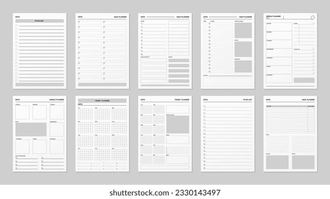 Plantillas de programación de páginas del planificador. Conjunto de vectores 3d aislado de diarios, calendarios, cuadernos. Organizar espacios en blanco con planes de día o semana, escuela o planificador empresarial anual con objetivos y hacer lista