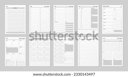 Planner page schedule templates. Isolated 3d vector set of daily diaries, calendars, notebooks. Organizer blanks with day or week plan, school or business yearly planner with goals and to do list