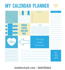 Planner page with stickers,printable files. Vector printable boxes,half boxes,motivation quotes, in flat colors for planners, Printable to do pages for life planner.