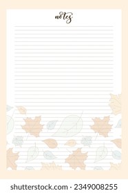 Planner page template. Autumn vector background for Notebook, Schedule, Journal or Diary. Trendy pages in floral design with Fallen leaves. Blank sheet for Notes. Printable illustration for Organizer.
